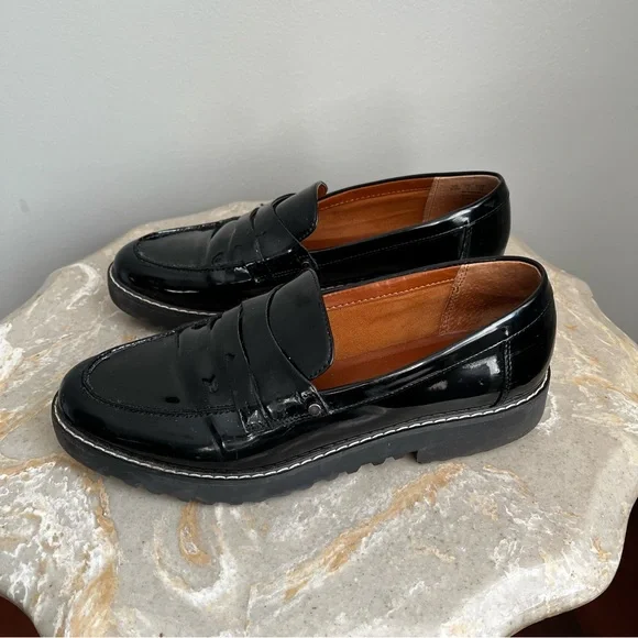 Franco Sarto 8.5 Women’s Cassandra Patent Penny Black Loafer Shiny Lug Sole - Picture 3 of 8